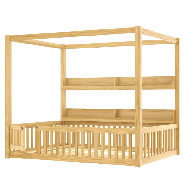 English Elm Full House Floor Bed with Door and Guardrails for Kids, Solid Wood Double Full, Safe Play Nook Natural W1580P359334