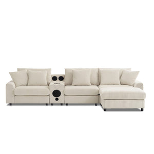 English Elm [video]112*64'' Corduroy L-shaped Sectional Cloud Sofa with Bluetooth Console Ottoman Living Room N723S1756A
