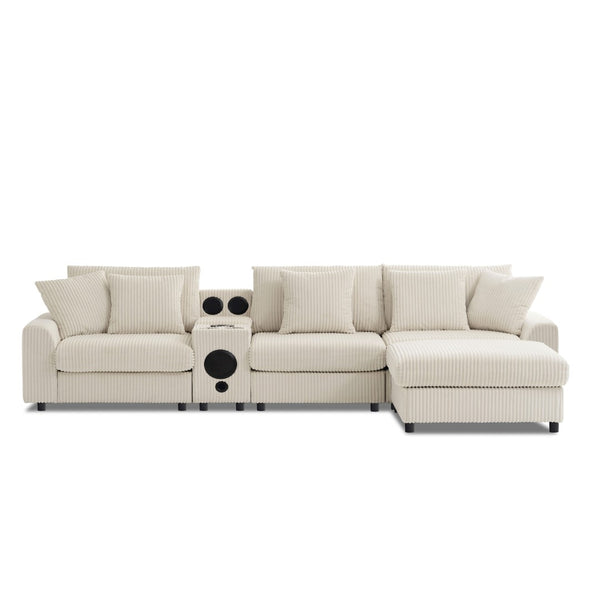 English Elm [video]112*64'' Corduroy L-shaped Sectional Cloud Sofa with Bluetooth Console Ottoman Living Room N723S1756A