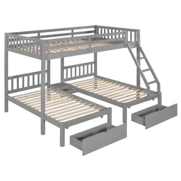 English Elm Full Over Twin Triple Bunk Bed Pine Wood Frame with Storage Drawers and Guardrails LT000343AAE-1