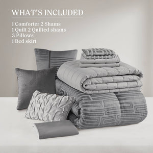 English Elm 10 Luxury Jacquard Queen Comforter Set with Quilt, Bed Skirt & Decorative Pillows for Elegant Bedding Grey 23.62 L x 18.9 W x 14.57 H B035P319213