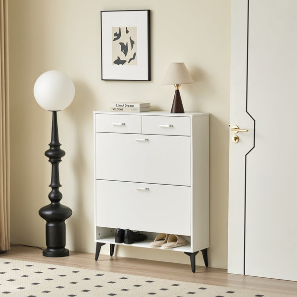 English Elm Large Shoe Cabinet – Space-Saving 2 Flip Drawers + 2 Storage Drawers, Holds 20 Pairs, Anti-Tip White Organizer (31.5" x 9.4" x 42.1") W2516P185160