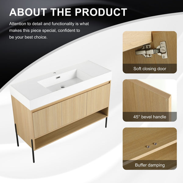 English Elm 48" Oak Bathroom Vanity Combo with One-Piece Resin Sink, Tripod Legs, Multi-Layer Solid Wood Cabinet W1972S00010