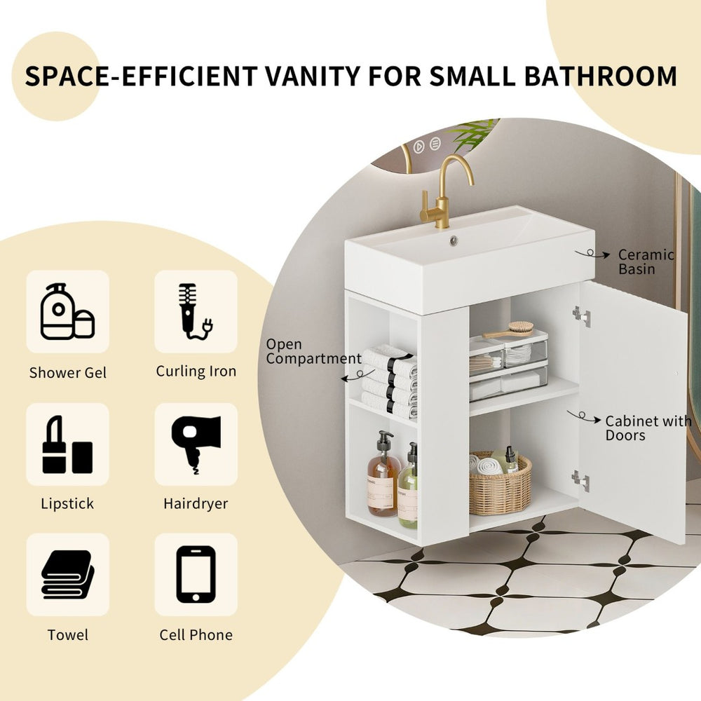 English Elm 21.6" Floating Bathroom Vanity White Wood Ceramic Sink Soft Close Cabinet Storage W1573S00090