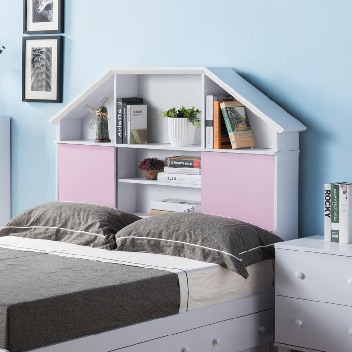 English Elm Full Size Bookcase whimsical cottage headboard with seven cubby shelves, two sliding pink doors, white B107P402815