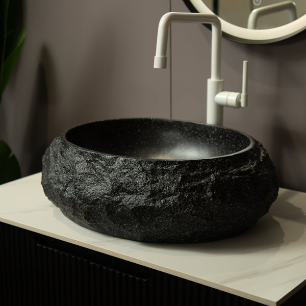 English Elm Luna 18" Bathroom Sink Irregular Oval Resin Vessel with Stone Pattern Artistic Durable Finish Dark Gray W2615P346505