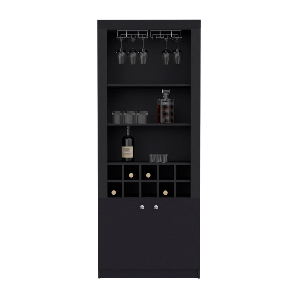 English Elm Bar Cabinet Nixon Modern Black Engineered Wood with 10 Bottle Slots, Wine Glass Rack & Spacious Storage B092P191170