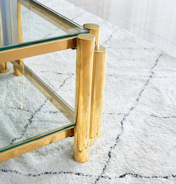 English Elm Modern 2-Piece Coffee Table Set With Gold Stainless Steel & Clear Glass Top For Stylish Living Spaces W2978S00046