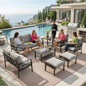 English Elm 8-piece Outdoor Conversation Set 9 Seat Steel Patio Sofa with Thick Cushions Tables Gray B082S00124