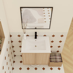 English Elm 24" Wall Mounted Bathroom Vanity Dark Oak Open Shelf Ceramic Sink Soft Close Door W3450P435843