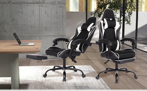 English Elm Deepfurniture Racing Style Gaming Chair Pu Leather Massage Lumbar Footrest Home Office Black White W3860P428632