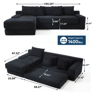 English Elm Memory foam L-shaped compression sofa bed with corduroy upholstery, modular no-assembly design, cloud comfort and space-saving functionality for apartments and home theaters Black W2959S00008