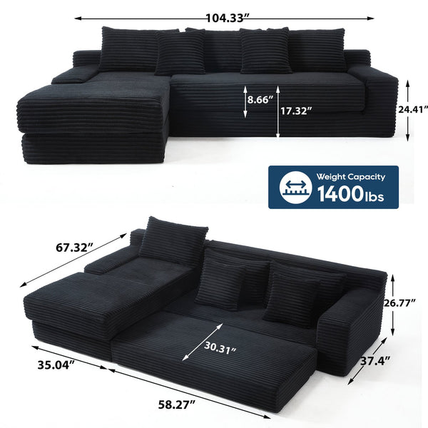 English Elm Memory foam L-shaped compression sofa bed with corduroy upholstery, modular no-assembly design, cloud comfort and space-saving functionality for apartments and home theaters Black W2959S00008