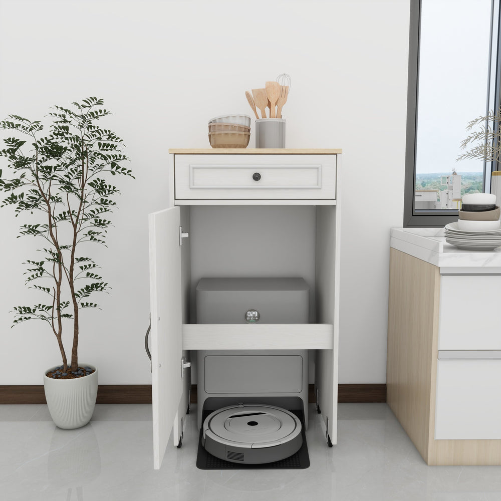 English Elm Robot Vacuum Stand Cabinet with Wheels Antique White — Storage Rack with Doors, Drawers & Side Table W282P296230
