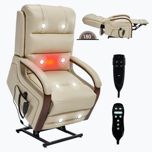 English Elm Power Lift Recliner with Leatheraire Upholstery Dual Motor Heat Massage Wood Armrests W1803S00082