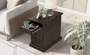 English Elm U-Can Classic Vintage Livingroom End Table with Hidden Tray, Cup Holders, USB Outlet & Cabinet Storage Antique Espresso N724P185778P