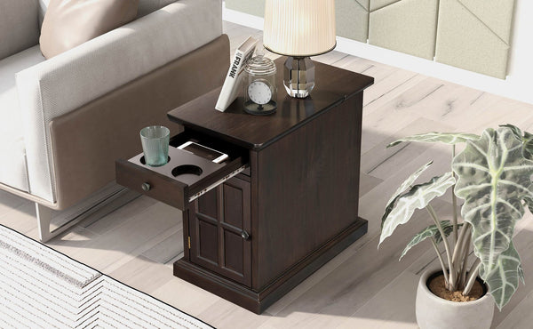 English Elm U-Can Classic Vintage Livingroom End Table with Hidden Tray, Cup Holders, USB Outlet & Cabinet Storage Antique Espresso N724P185778P