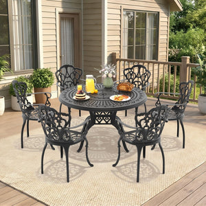 English Elm 7-piece Cast Aluminum Outdoor Dining Set Ornate Floral Carved Patio Furniture W1710S00623