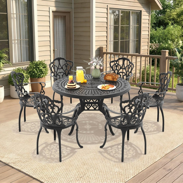 English Elm 7-piece Cast Aluminum Outdoor Dining Set Ornate Floral Carved Patio Furniture W1710S00623