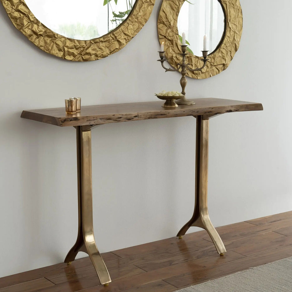 English Elm Mrazik Yoho Solid Wood Console Table Natural Finish with Gold Accents, Compact Durable Entryway Table B346P320759