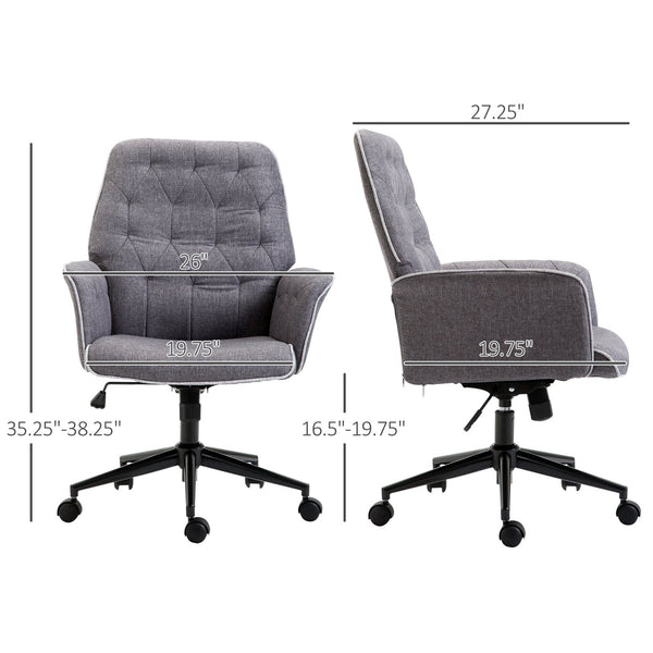 English Elm HOMCOM Tufted Linen Home Office Chair with Padded Armrests, Height Adjustable Swivel Desk Seat, Dark Gray W2225P217955