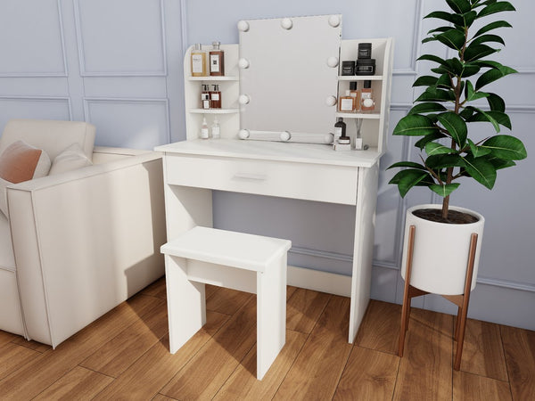 English Elm One drawer dresser table Ancient White Vanity with Stool, Adjustable Mirror, Compact Elegant Makeup Station W2139P306364