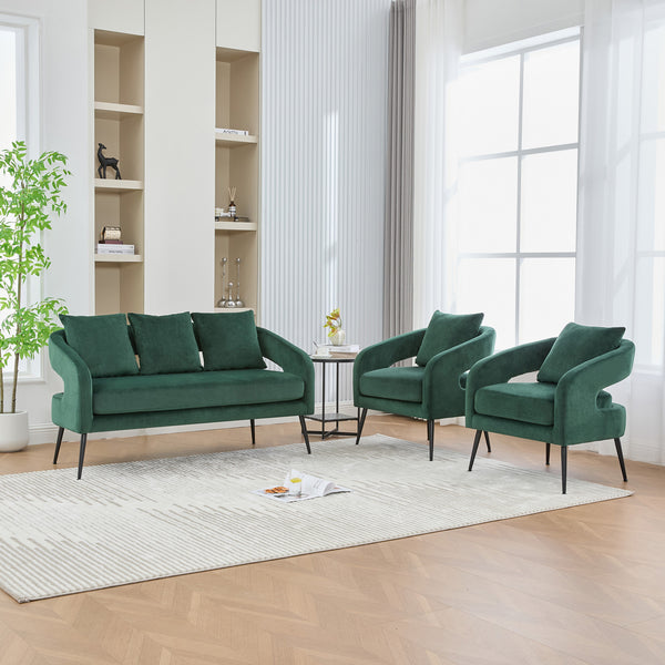 English Elm 3-Piece Upholstered Velvet Small Living Room Furniture Set with Metal Legs, Open Back, Cozy Modern Chic Elegance Green W3118S00014
