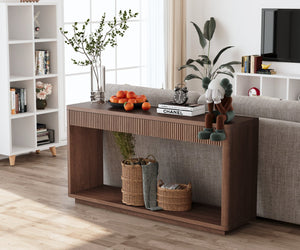 English Elm 60" Modern 2-Drawer Fluted Console Table with Real Wood Veneer, Slim Profile, Sturdy 80lb Capacity, Versatile Entryway Organizer Walnut W1435P337641