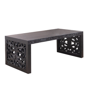 English Elm 47.2" Solid Black Carved Wood Coffee Table — Handcrafted Ornate Panels, Durable Elegant Centerpiece W2729P298157