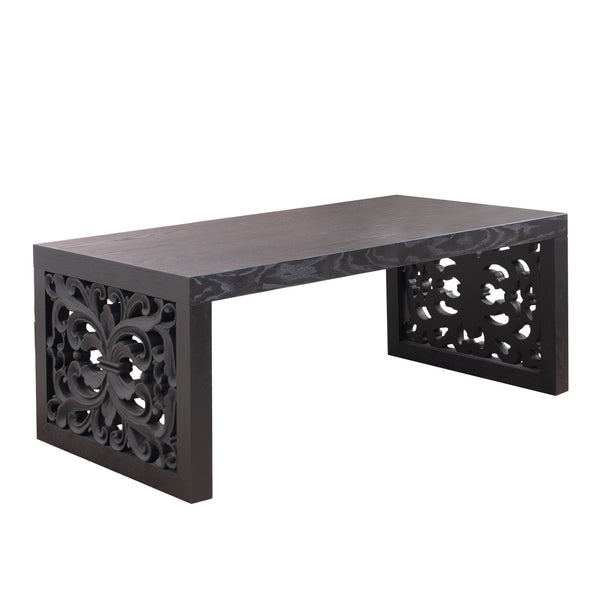 English Elm 47.2" Solid Black Carved Wood Coffee Table — Handcrafted Ornate Panels, Durable Elegant Centerpiece W2729P298157