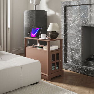 English Elm HOMCOM Narrow End Table with Built-In Charging Station, Hidden Glass Storage and Open Shelf Elegance Brown W2225P229465