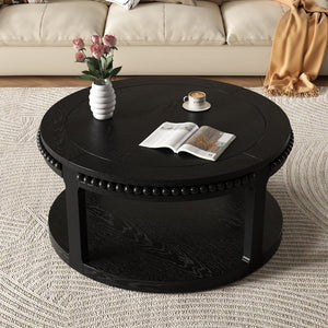 English Elm 31.5 Inch Round Solid Wood Coffee Table Two-Tier Thick Top Sturdy Legs 100lb Capacity, Elegant Finish Black W1445P341376