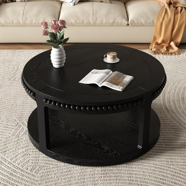 English Elm 31.5 Inch Round Solid Wood Coffee Table Two-Tier Thick Top Sturdy Legs 100lb Capacity, Elegant Finish Black W1445P341376