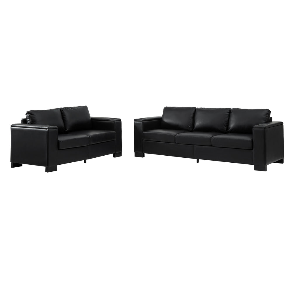 English Elm Two Two-Piece 5-Seater Sofa Set with Cup Holder & Storage, Polyester Upholstery, Solid Wood Frame, Coil Spring Seats, Removable Covers, Modern Square Arm Design for Living Room Comfort and Durability Black W1097S00203