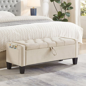 English Elm Ottoman Storage Bench Tufted Linen Upholstered Entryway Seat with Lift Top Shelf Beige W2186P465442