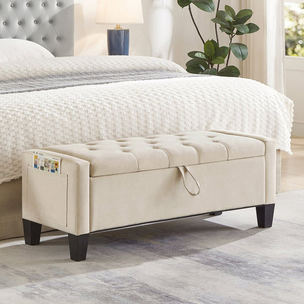 English Elm Ottoman Storage Bench Tufted Linen Upholstered Entryway Seat with Lift Top Shelf Beige W2186P465442