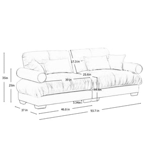 English Elm Large Velvet Two-Seater Sofa with Bolstered Armrests, Deep Cloud Seat, Waist & Throw Pillows, Chic Grey W714S01122