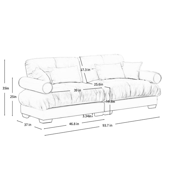 English Elm Large Velvet Two-Seater Sofa with Bolstered Armrests, Deep Cloud Seat, Waist & Throw Pillows, Chic Grey W714S01122