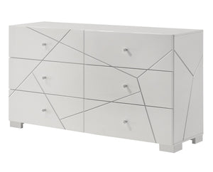 English Elm 1pc Modern Geometric Chest of Drawers with High-Gloss Finish, Sleek Hardware, Spacious Storage and Style White 65 L x 21.3 W x 36 H B2741P323489