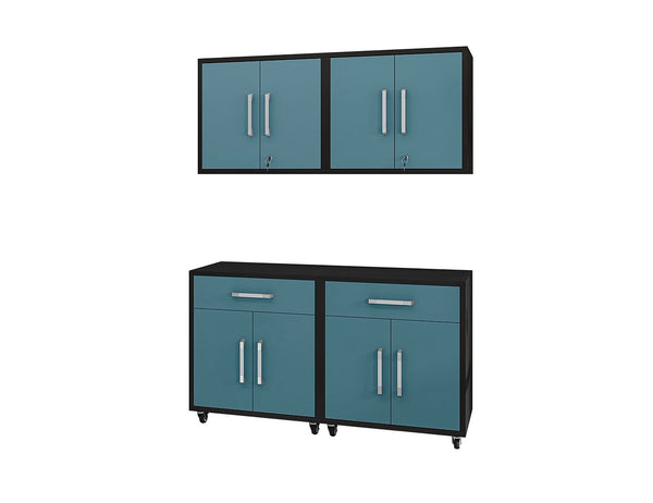 Manhattan Comfort Eiffel Modern Garage Set of 4 Matte Black and Aqua Blue 4-257BMC83