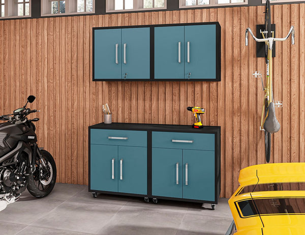 Manhattan Comfort Eiffel Modern Garage Set of 4 Matte Black and Aqua Blue 4-257BMC83