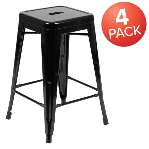 English Elm Cierra 4-Piece Stackable Metal Counter-Height Bar Stools for Kitchen and Commercial Use, Stylish Design Black 24"H 4-ET-31320-24-BK-R-GG