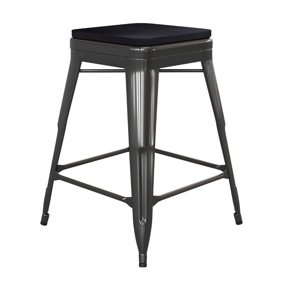 English Elm Cierra Set of 4 Commercial-Grade Backless Metal Counter Stools for Café, Kitchen, or Dining Use Black Resin Wood Seat/Black Frame 24"H 4-ET-31320-24-BK-R-PL2B-GG