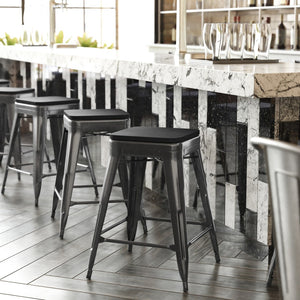 English Elm Cierra Set of 4 Commercial-Grade Backless Metal Counter Stools for Café, Kitchen, or Dining Use Black Resin Wood Seat/Black Frame 24"H 4-ET-31320-24-BK-R-PL2B-GG