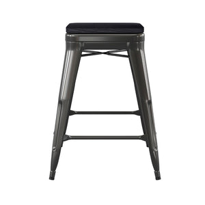 English Elm Cierra Set of 4 Commercial-Grade Backless Metal Counter Stools for Café, Kitchen, or Dining Use Black Resin Wood Seat/Black Frame 24"H 4-ET-31320-24-BK-R-PL2B-GG
