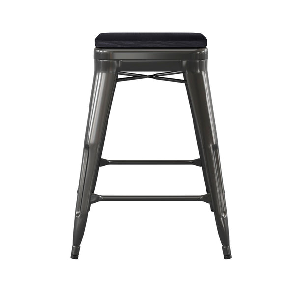 English Elm Cierra Set of 4 Commercial-Grade Backless Metal Counter Stools for Café, Kitchen, or Dining Use Black Resin Wood Seat/Black Frame 24"H 4-ET-31320-24-BK-R-PL2B-GG