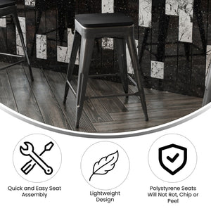 English Elm Cierra Set of 4 Commercial-Grade Backless Metal Counter Stools for Café, Kitchen, or Dining Use Black Resin Wood Seat/Black Frame 24"H 4-ET-31320-24-BK-R-PL2B-GG