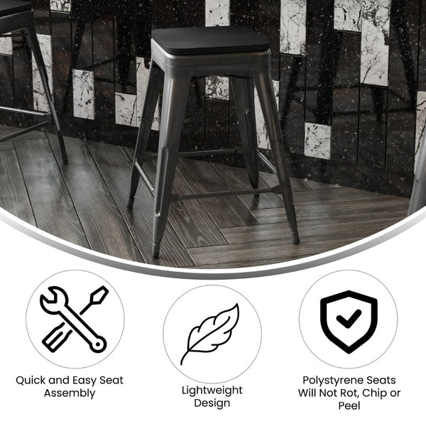 English Elm Cierra Set of 4 Commercial-Grade Backless Metal Counter Stools for Café, Kitchen, or Dining Use Black Resin Wood Seat/Black Frame 24"H 4-ET-31320-24-BK-R-PL2B-GG