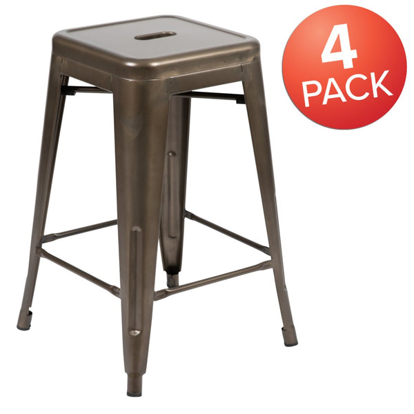English Elm Cierra 4-Piece Stackable Metal Counter-Height Bar Stools for Kitchen and Commercial Use, Stylish Design Gun Metal 24"H 4-ET-31320-24-GN-R-GG