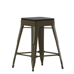 English Elm Cierra Set of 4 Commercial-Grade Backless Metal Counter Stools for Café, Kitchen, or Dining Use Black Resin Wood Seat/Gun Metal Frame 24"H 4-ET-31320-24-GN-R-PL2B-GG